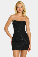 Embellished Strapless Cowl Neck Mini Dress in Black