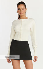 Ramsey Cardigan - Recycled Contoured Waist Button Down Cardigan in Ivory