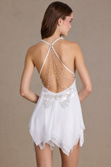 Chiffon Plunge-Neck Open-Back Mini Dress in Snow