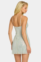 Embellished V-neck A-Line Mini Dress in Silver