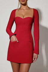 Sweetheart-Neck Long-Sleeve A-Line Mini Dress in Red