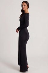 Soft Jersey Boat-Neck Tie-Gather Maxi Dress in Black
