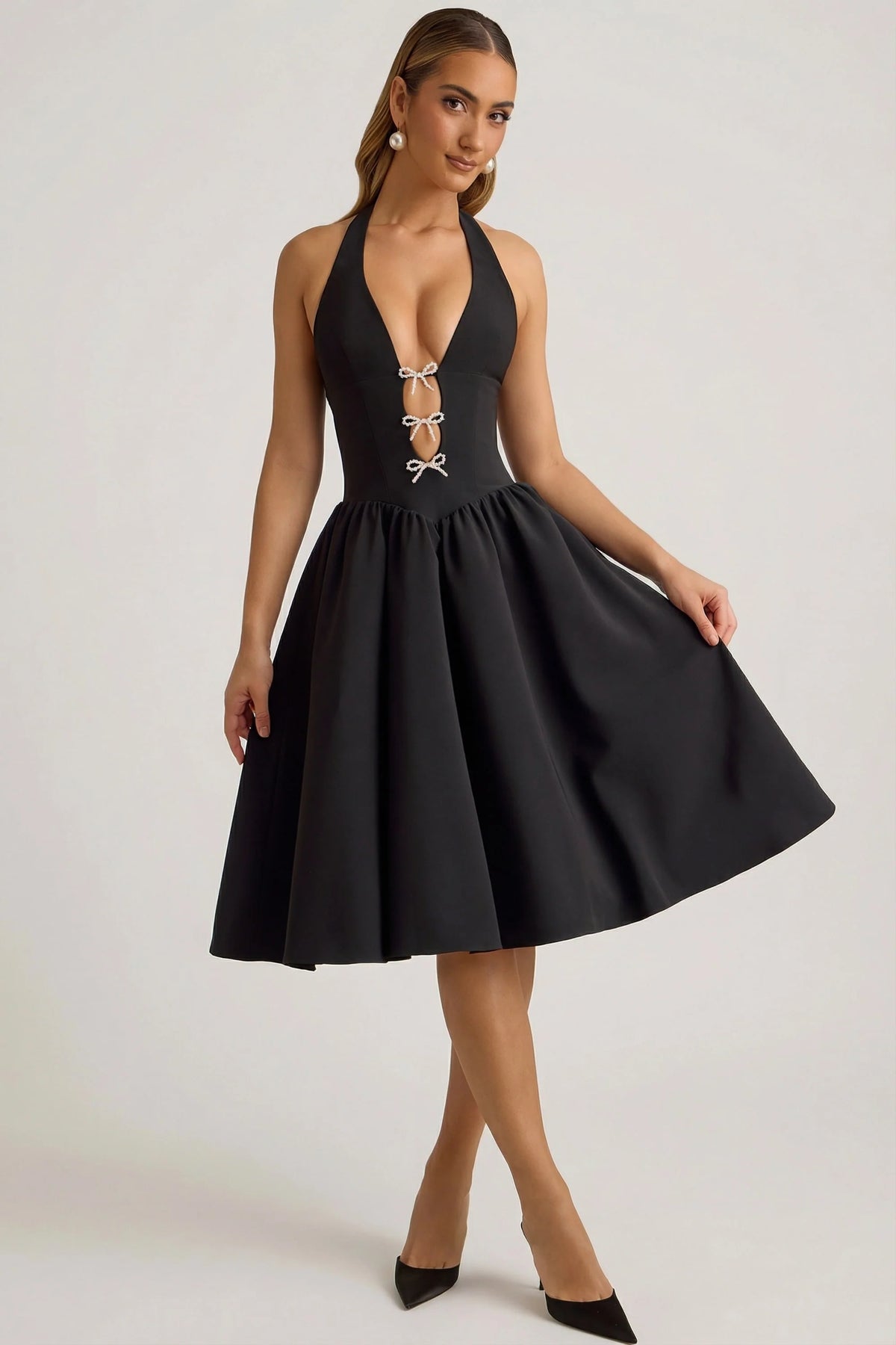 Halterneck Bow-Detail Midi Dress in Black