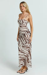 Gwendolyn Maxi Dress - Zebra Bias Spaghetti Strap Dress in Choc Zebra