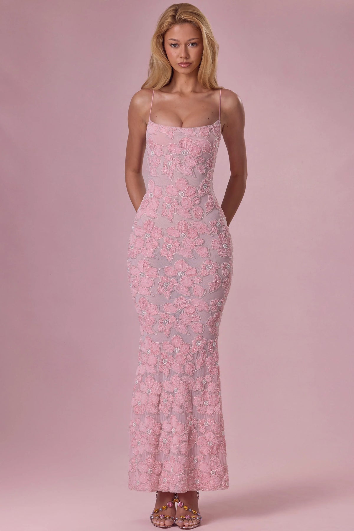 Embellished Square Neck Maxi Dress in Blush