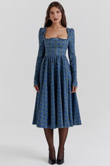 blue tartan midi dress