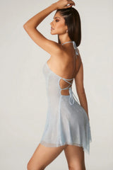 Embellished Lace Up Back Mini Dress in Aqua