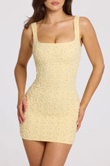 Embellished Square-Neck Mini Dress in Butter Yellow