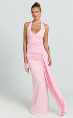 Dixie Maxi Dress - Plunge Halter Low Back Dress in Pink