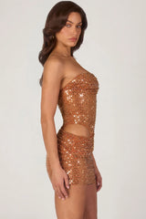 Embellished Cut-Out Mini Dress in Bronze