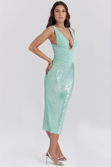 seafoam sequin corset midi dress
