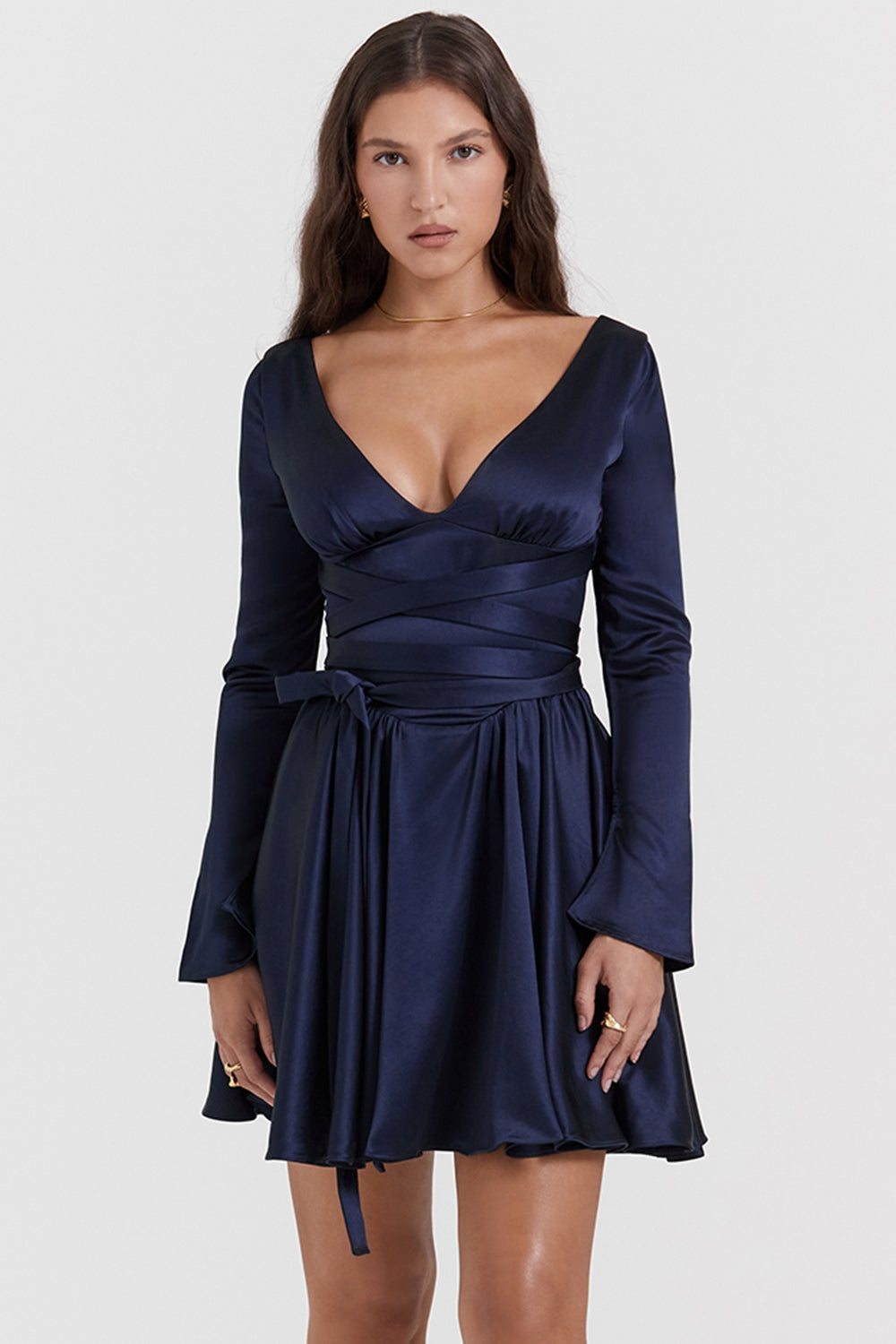 navy plunge mini dress