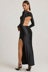 Pearl-Detail Cut-Out Maxi Dress in Black
