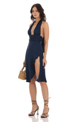 Satin Ruffle Slit Dress in Navy